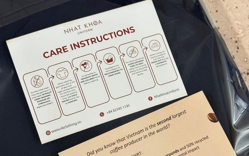 Every EVN uniform is accompanied by a care instruction card.