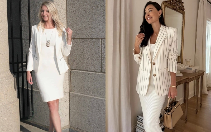 Đầm ôm công sở phối với áo blazer giúp tăng thêm vẻ chuyên nghiệp