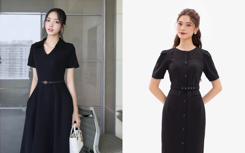 Dây thắt lưng bản nhỏ sẽ giúp tạo điểm nhấn tinh tế cho chiếc váy liền thân công sở màu đen