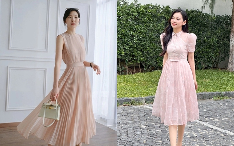 Mẫu đầm voan công sở xếp ly mang lại vẻ ngoài thanh lịch cho người mặc