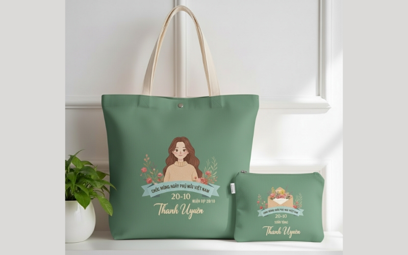 Set túi tote và túi bút in hình độc bản làm quà tặng 20 10 ý nghĩa cho cô