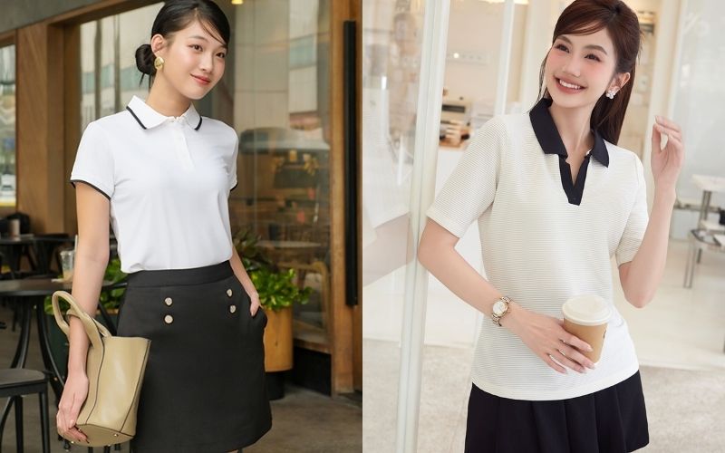 Áo polo trắng cổ đen phối sọc giúp bạn tạo điểm nhấn với đối phương