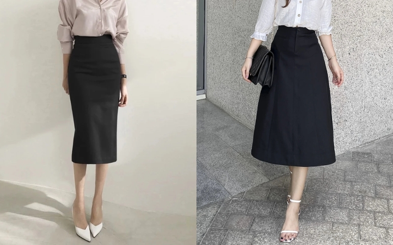 Các kiểu dáng chân váy đen công sở phổ biến