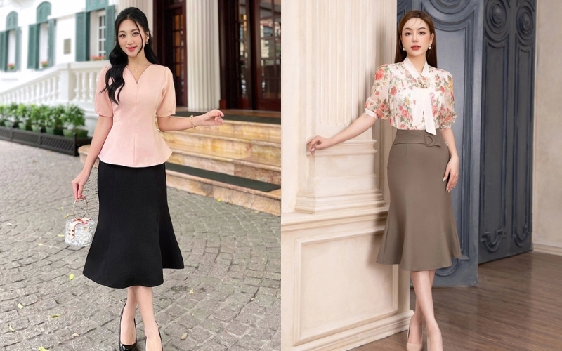 Chân váy đuôi cá là mẫu chân váy công sở dáng dài có thiết kế bó sát phần hông đùi
