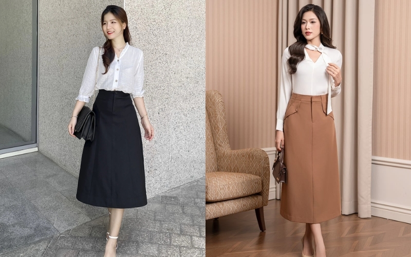 Chân váy chữ A là mẫu chân váy công sở dáng dài "dễ tính" phù hợp với mọi vóc dáng