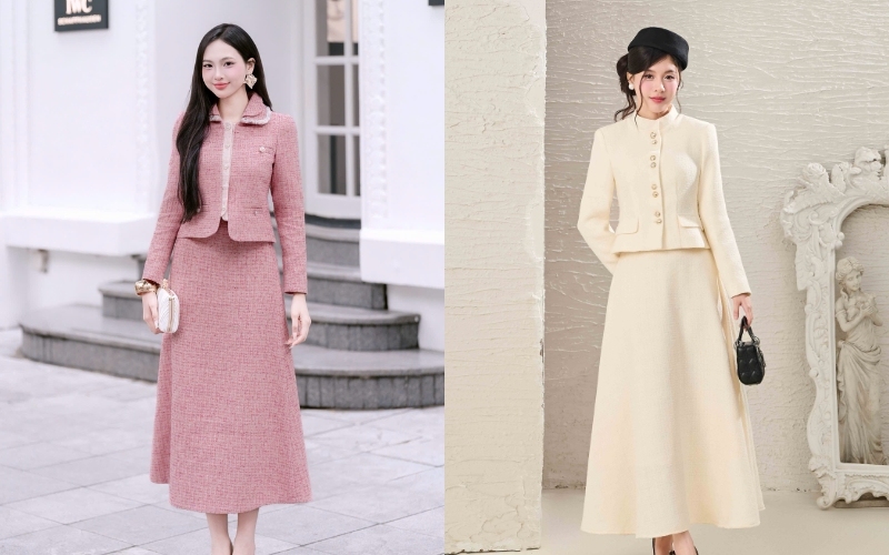 Váy tweed là một trong những mẫu váy công sở mùa đông rất được các nàng yêu thích
