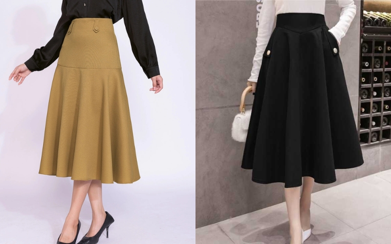 Bạn nên chọn váy xòe công sở có độ dài qua gối để đảm báo sự thanh lịch