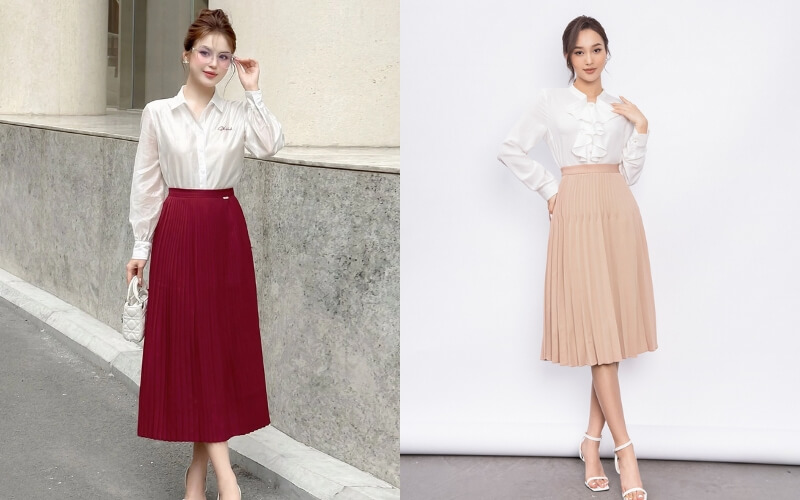Chân váy midi xếp ly lụa mang đến vẻ đẹp nữ tính, bay bổng và cực kỳ sang trọng