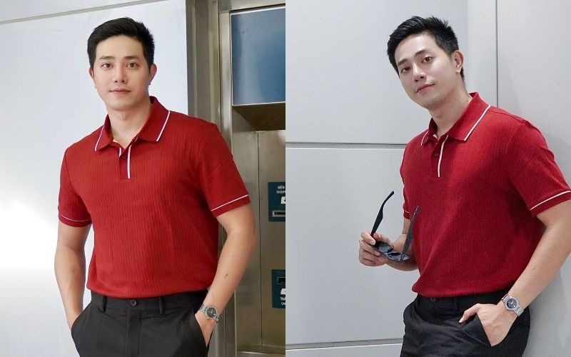 Quần Kaki đi cùng áo polo đỏ đô tạo nên vẻ ngoài cực kỳ đĩnh đạc