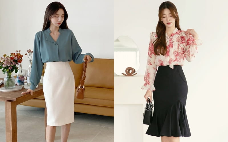 Các mẫu chân váy công sở Hàn Quốc thường có độ dài qua gối tạo sự kín đáo và sang trọng