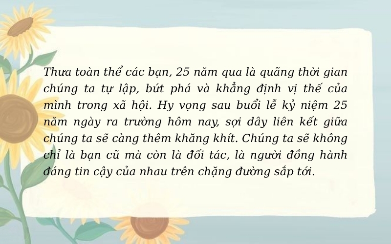 Mẫu bài phát biểu kỷ niệm 25 năm ngày ra trường ý nghĩa, hay sâu sắc